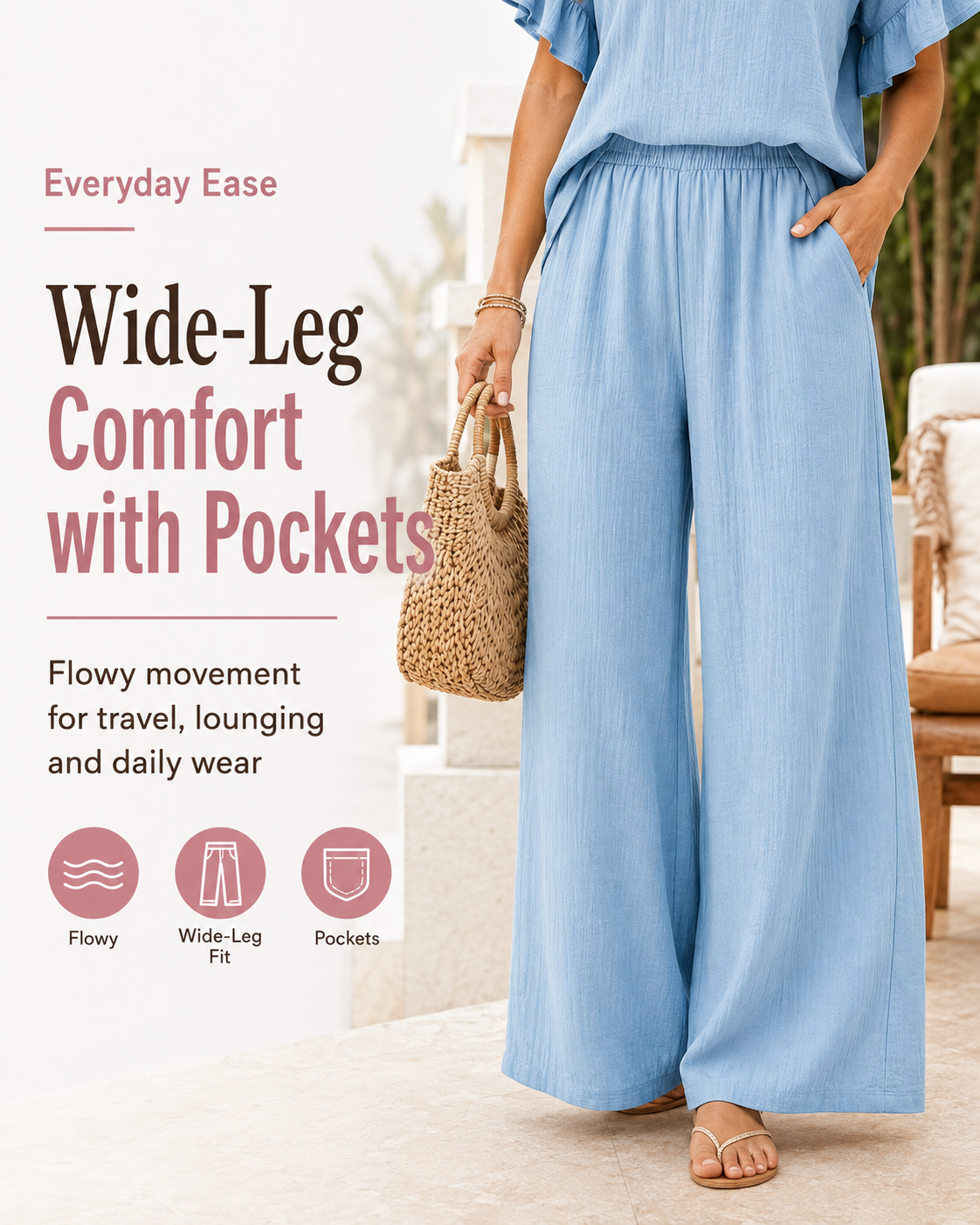 Women's Breezy Ruffle-Sleeve V-Neck Top & Wide-Leg Pants Set