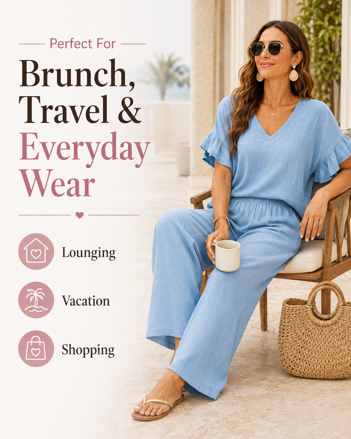 Women's Breezy Ruffle-Sleeve V-Neck Top & Wide-Leg Pants Set