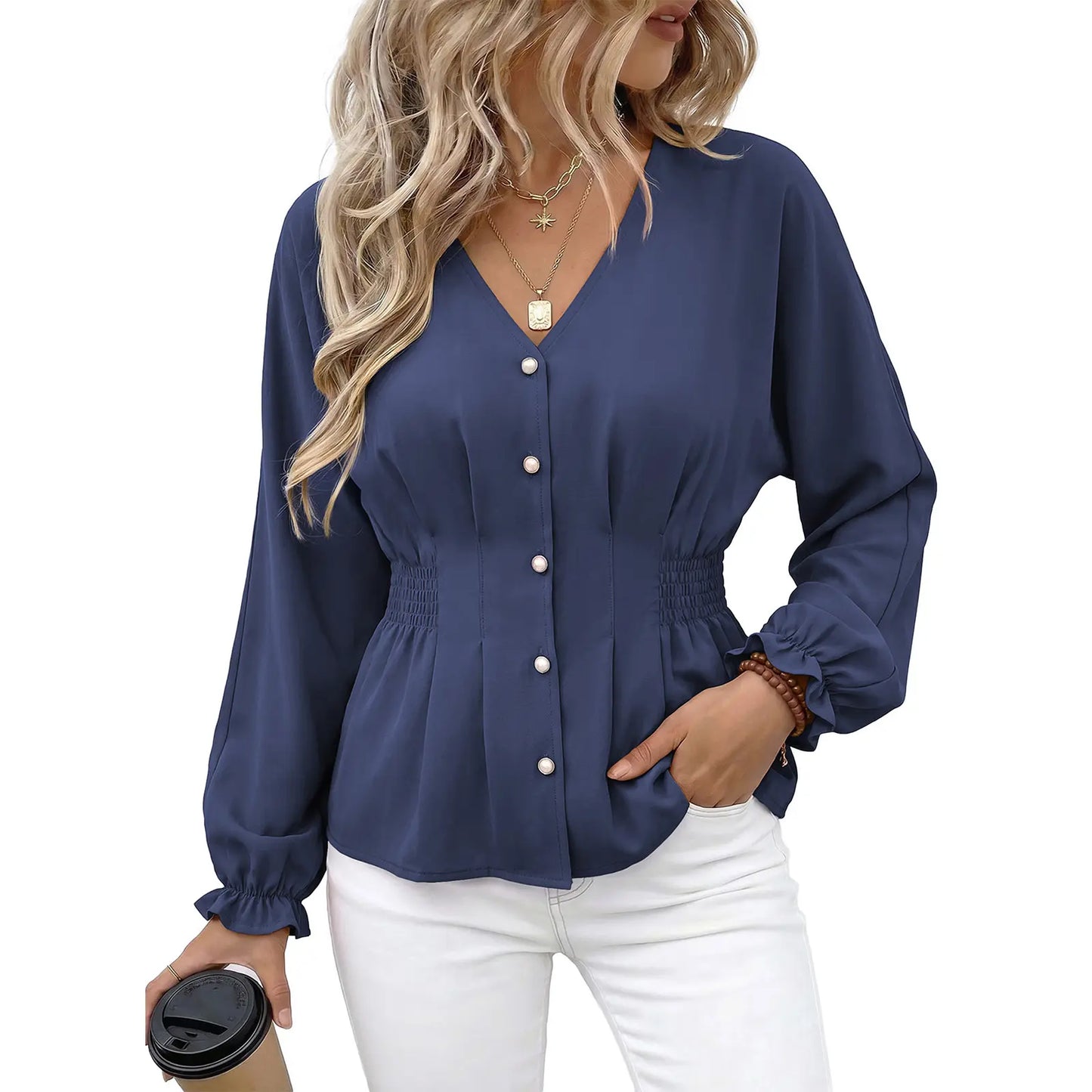 Women V Neck Smocked Waist Button Down Long Sleeve Blouse