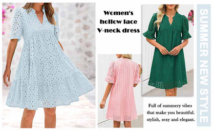 2026 Women’s 100% Cotton Eyelet Embroidery V‑Neck Tiered A‑Line Mini Dress, Short Sleeve Loose Flowy Casual Summer Dress, Plus Size S‑3XL for Vacation Dating