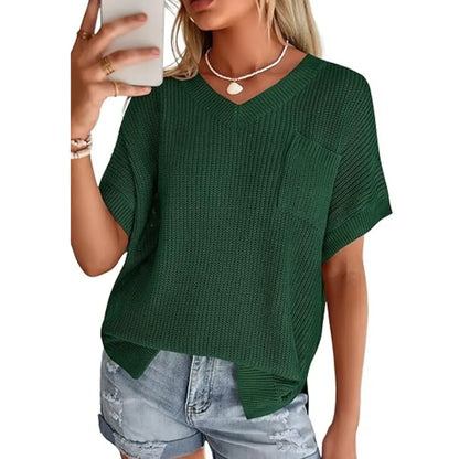 Women Loose V Neck Pocket Short Sleeve Knit Top