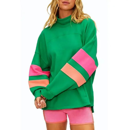 High Mock Neck Color Block Striped Long Sleeve Sweatshirt