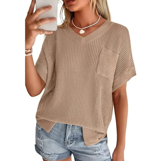 Women Loose V Neck Pocket Short Sleeve Knit Top