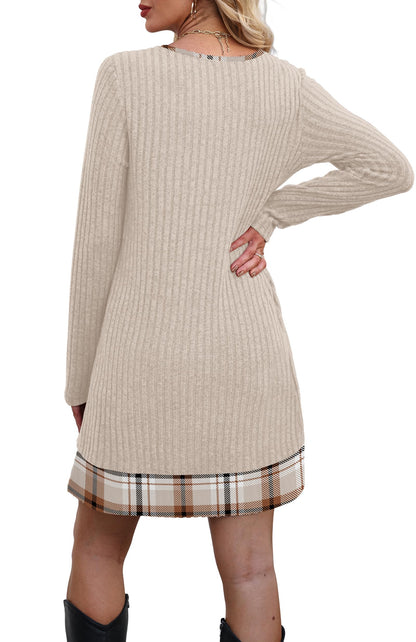 ✨Women Fall Long Sleeve Mini Dress, Plaid Color Block Trim