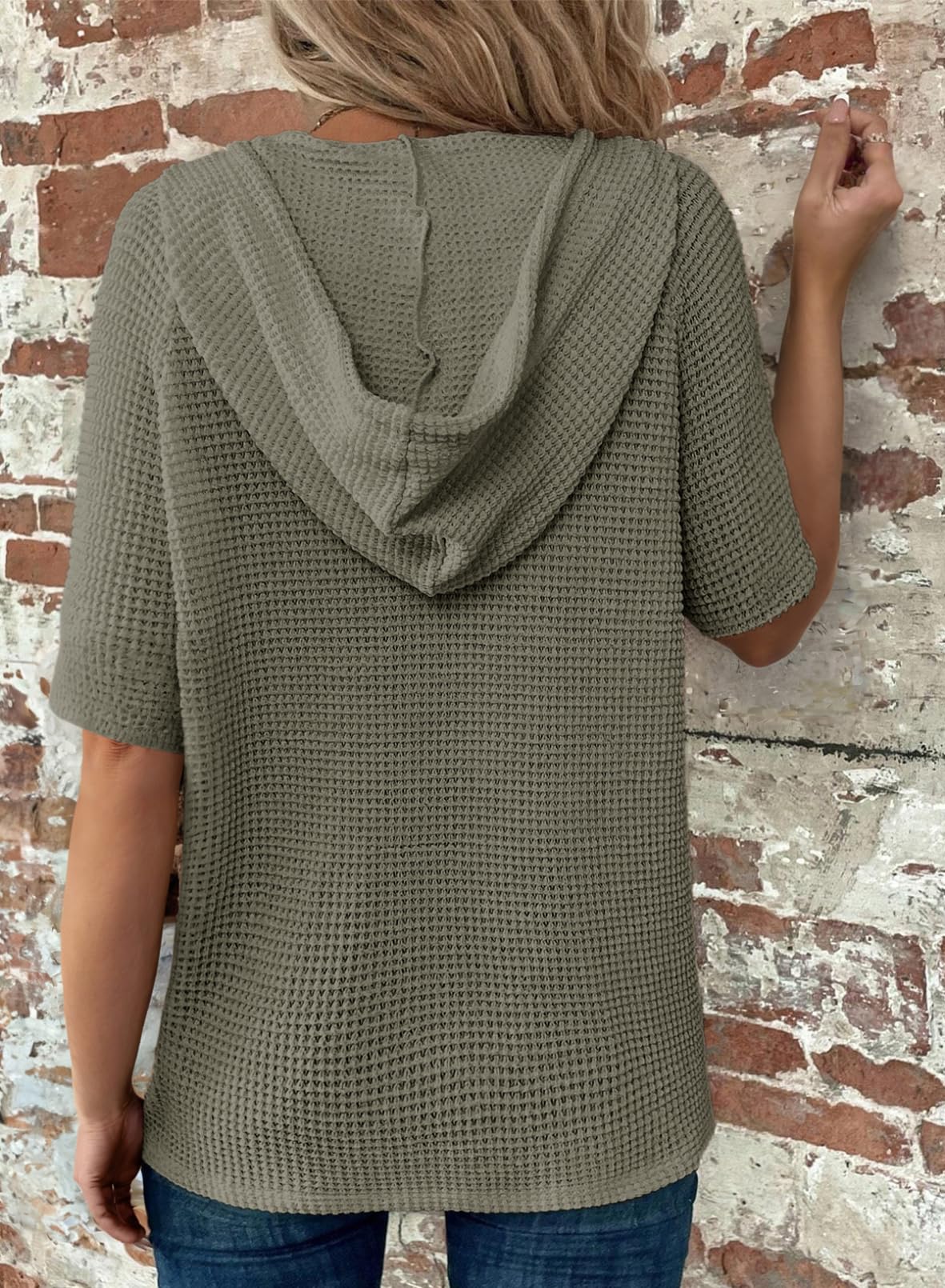 ✨Women's Waffle Knit Button V Neck Short Sleeve Lightweight Drawstring Hoodies