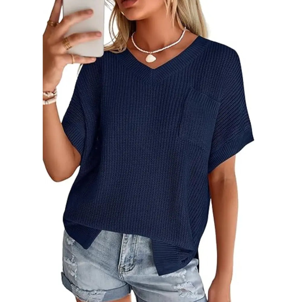Women Loose V Neck Pocket Short Sleeve Knit Top