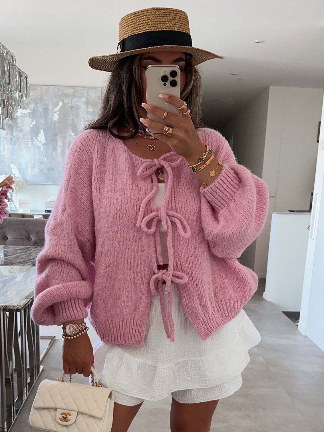 ✨✨Women's Tie Front Bow Cardigan Sweaters Chunky Knit Long Puff Sleeve Trendy Fall Winter Jacket Coats