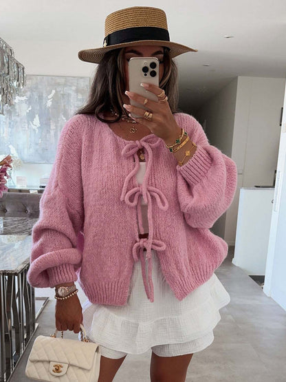 ✨✨Women's Tie Front Bow Cardigan Sweaters Chunky Knit Long Puff Sleeve Trendy Fall Winter Jacket Coats