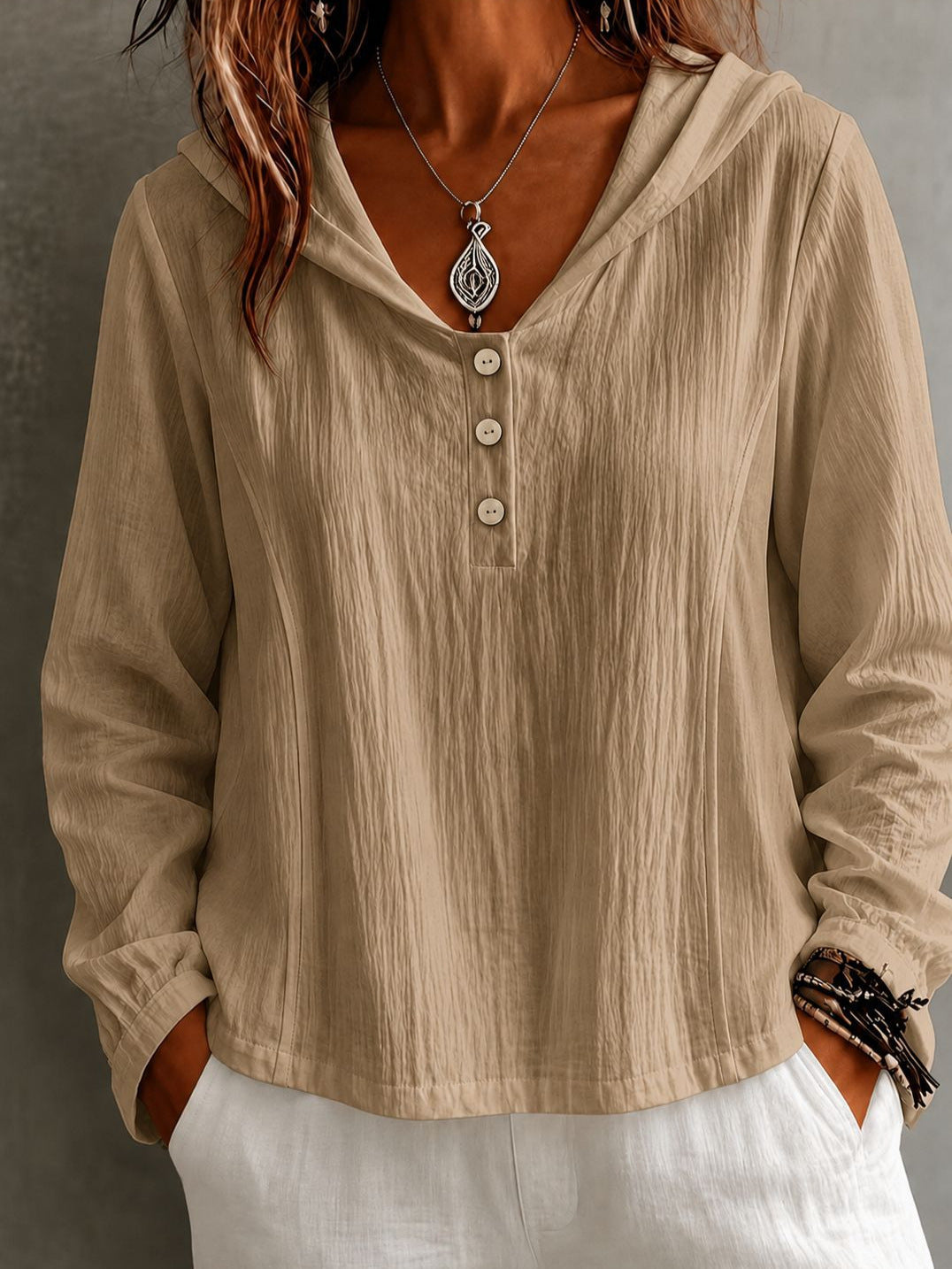 2026 New Women's Hooded Henley Crinkle Long Sleeve Blouse