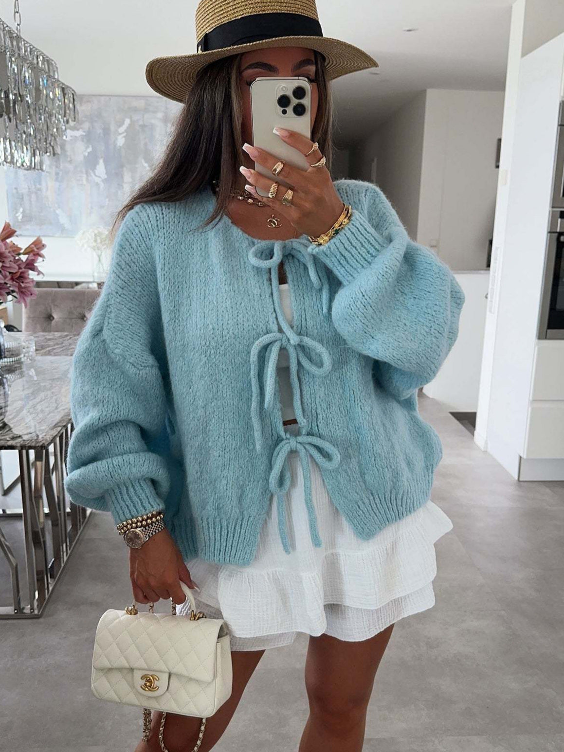 ✨✨Women's Tie Front Bow Cardigan Sweaters Chunky Knit Long Puff Sleeve Trendy Fall Winter Jacket Coats