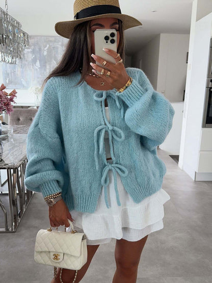✨✨Women's Tie Front Bow Cardigan Sweaters Chunky Knit Long Puff Sleeve Trendy Fall Winter Jacket Coats