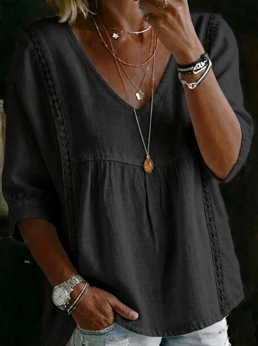 Women V-Neck Lace Blouse, Tummy & Arm Concealing 3/4 Sleeve Office Top