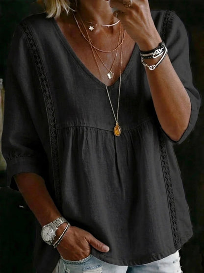 Women V-Neck Lace Blouse, Tummy & Arm Concealing 3/4 Sleeve Office Top