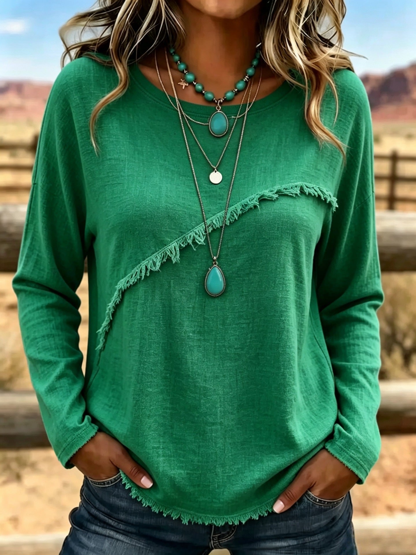 Women Soft Cotton Vintage Fringe Blouse Round Neck Loose Fit Boho Casual Top