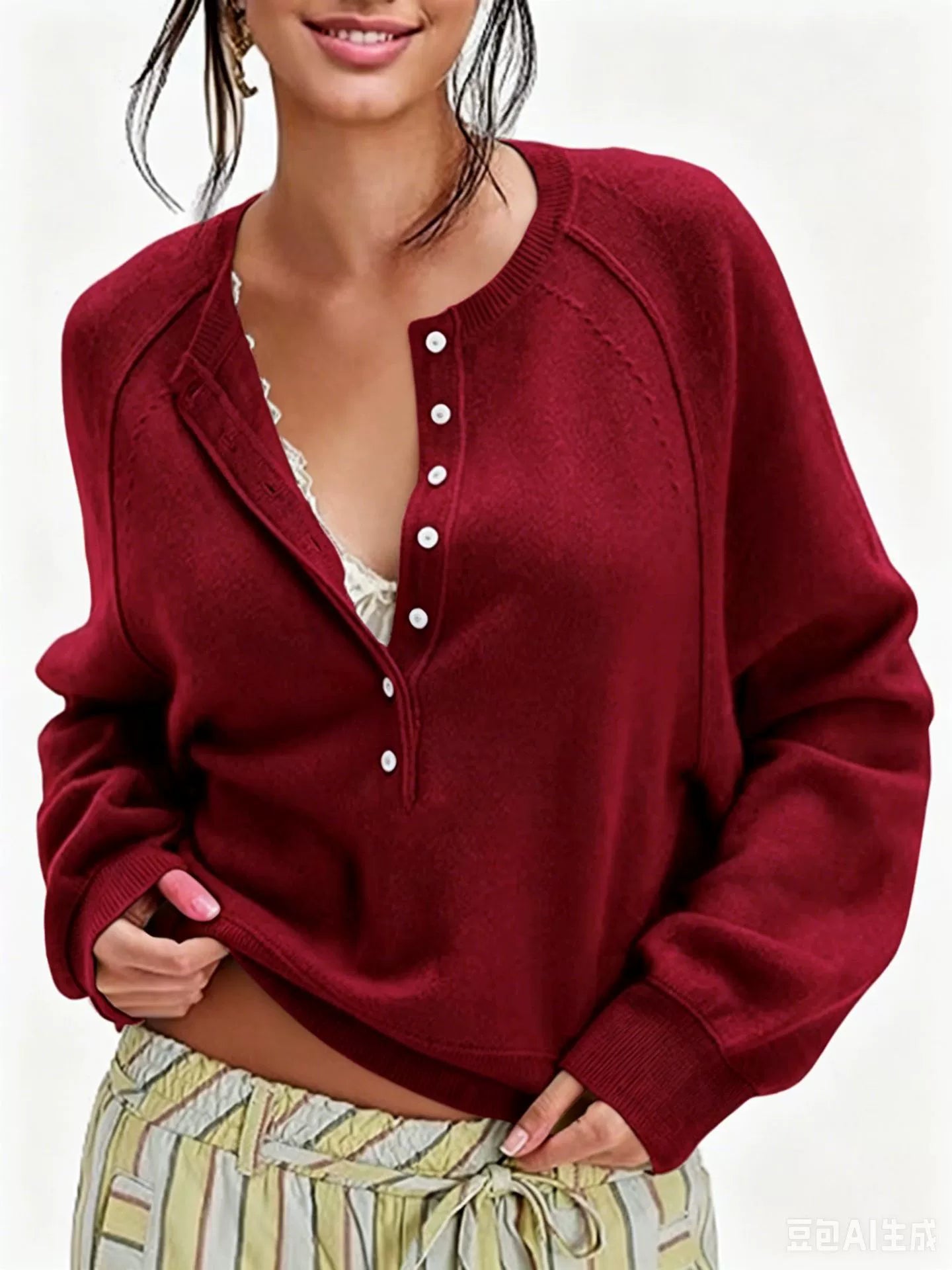 Women Raglan Sleeve Half Button Henley V Neck Soft Knit Long Sleeve Top