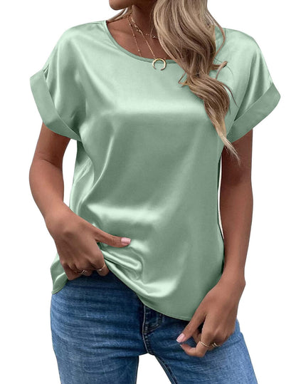 Women Loose Crew‐Neck Satin Short‐Sleeve Business Casual Summer Blouse