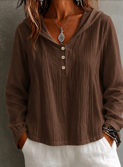 2026 New Women's Hooded Henley Crinkle Long Sleeve Blouse