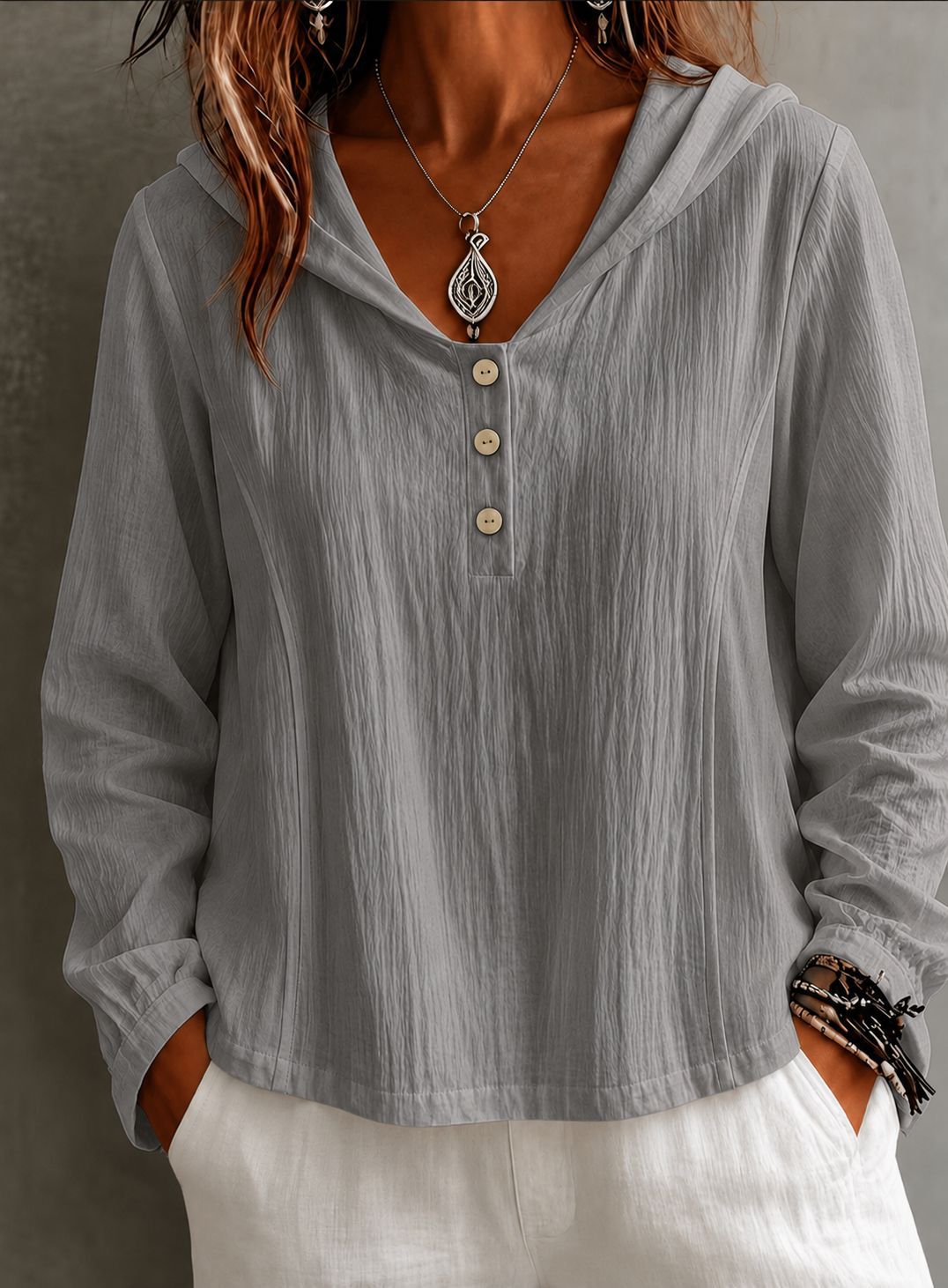 2026 New Women's Hooded Henley Crinkle Long Sleeve Blouse
