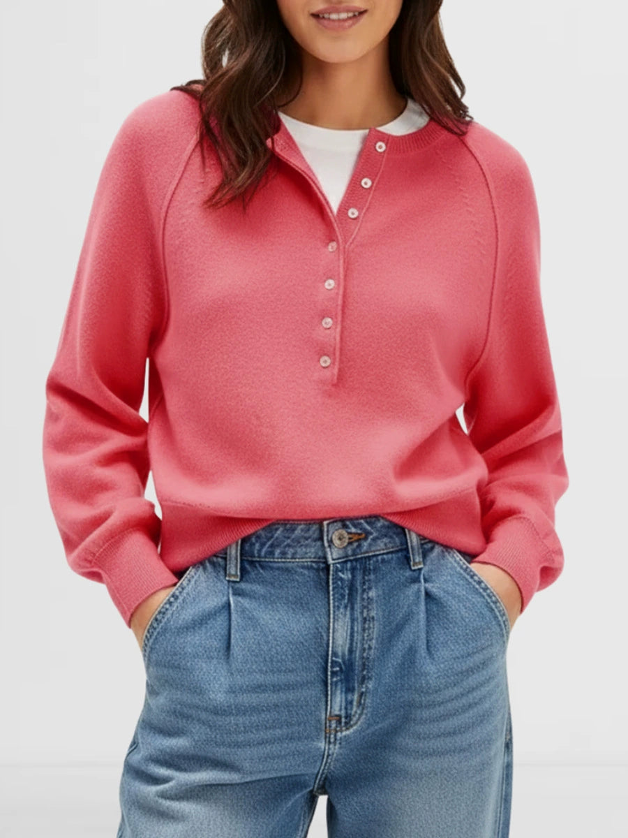 Women Raglan Sleeve Half Button Henley V Neck Soft Knit Long Sleeve Top