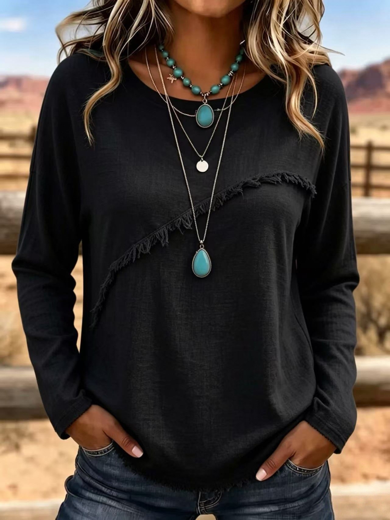 Women Soft Cotton Vintage Fringe Blouse Round Neck Loose Fit Boho Casual Top