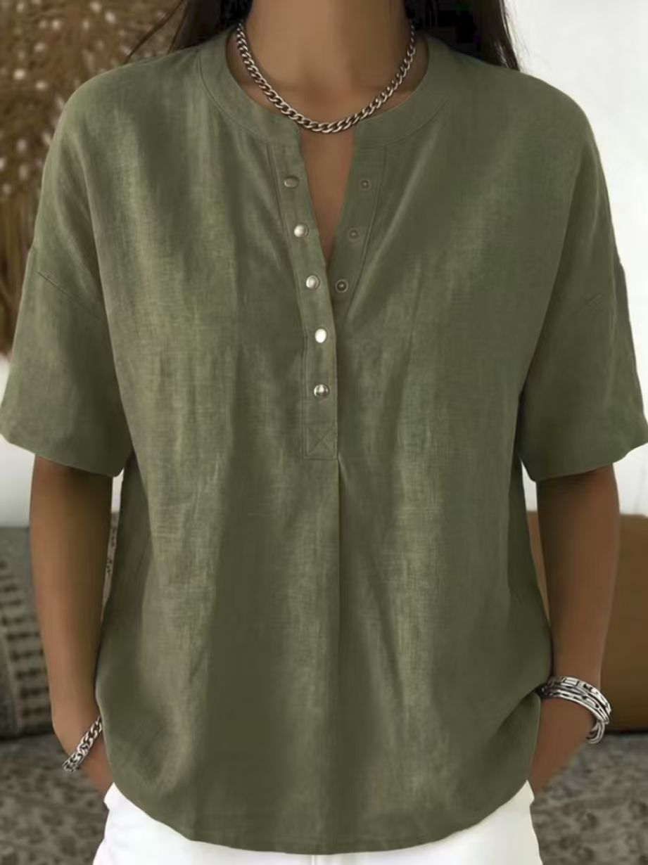 New Arrivals🔥Women's Casual Henley Collar Linen And Cotton Short-sleeve Shirt