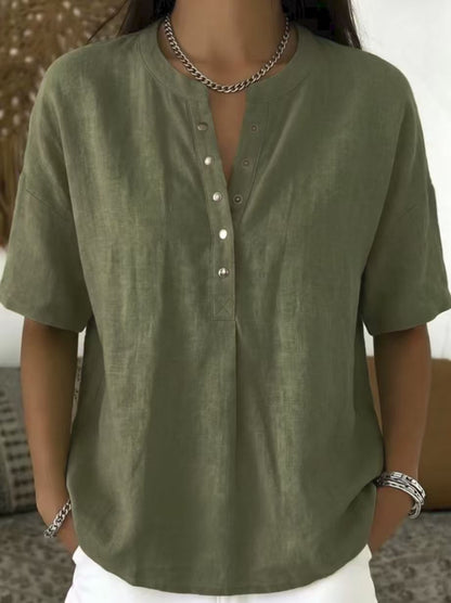 New Arrivals🔥Women's Casual Henley Collar Linen And Cotton Short-sleeve Shirt