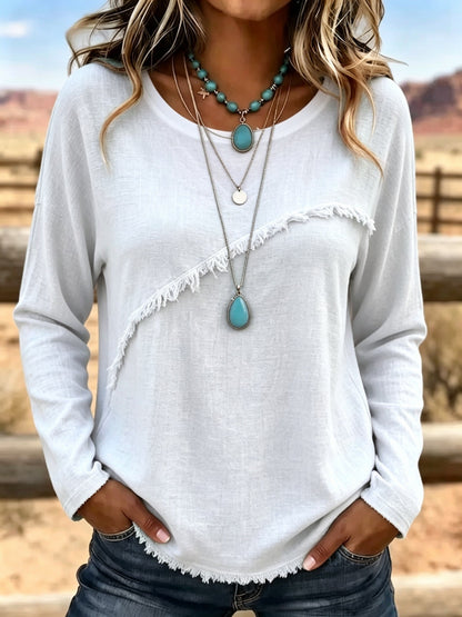 Women Soft Cotton Vintage Fringe Blouse Round Neck Loose Fit Boho Casual Top