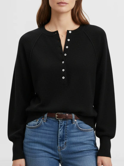 Women Raglan Sleeve Half Button Henley V Neck Soft Knit Long Sleeve Top
