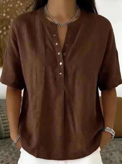 New Arrivals🔥Women's Casual Henley Collar Linen And Cotton Short-sleeve Shirt