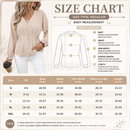 👚Women's Fitted V Neck Tops Button Long Sleeve Solid Color Blouse