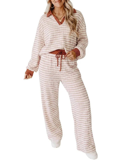 Women's V-Neck Comfortable Striped Two-Piece Loungewear Set