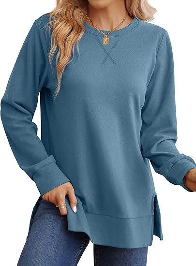 Women Loose Long Sleeve Tunic Top Side Slit