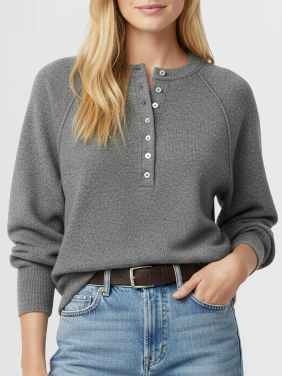 Women Raglan Sleeve Half Button Henley V Neck Soft Knit Long Sleeve Top