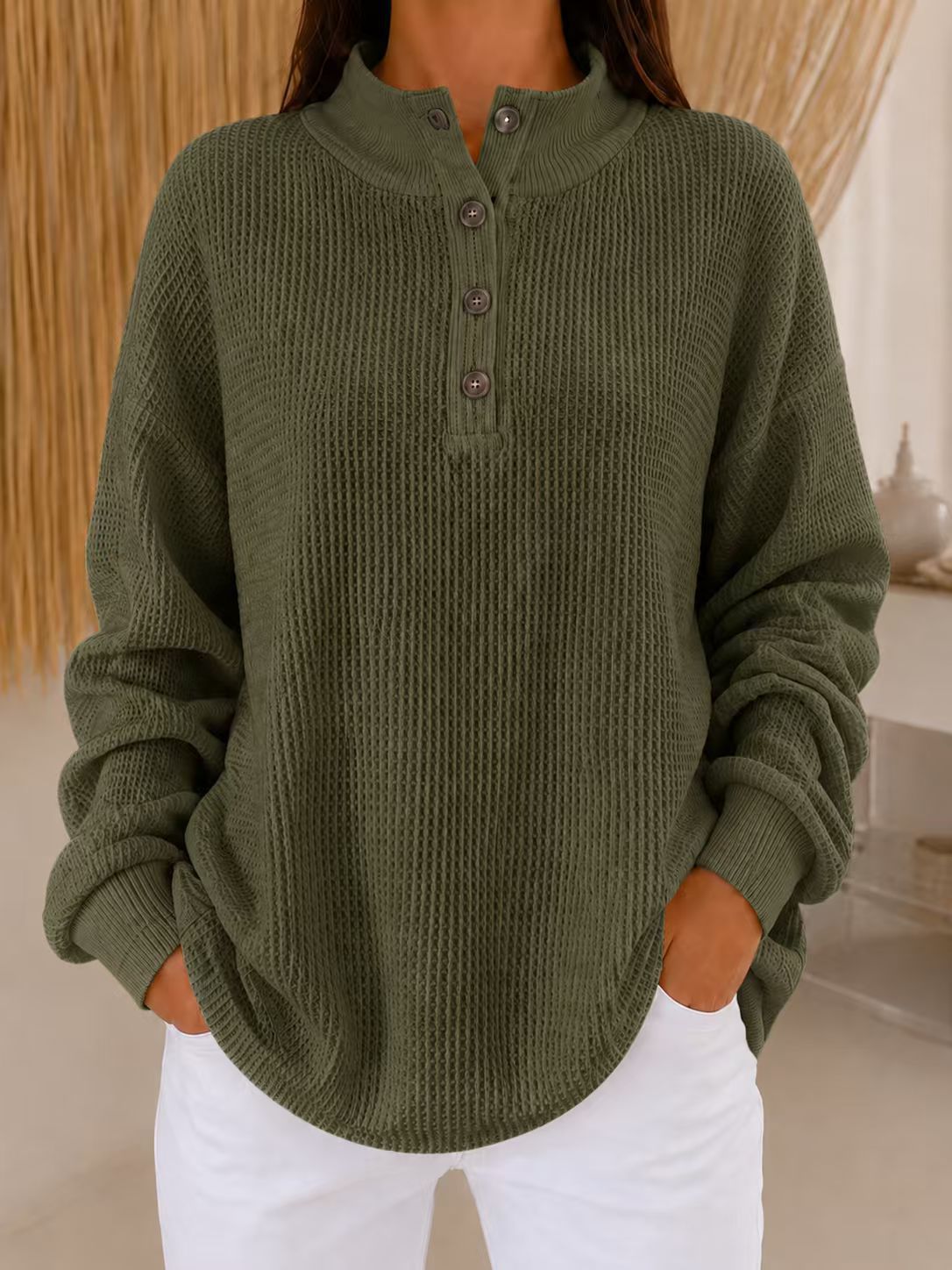 Women’s Waffle Knit Button Neck Pullover