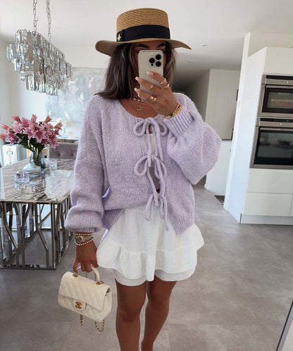 ✨✨Women's Tie Front Bow Cardigan Sweaters Chunky Knit Long Puff Sleeve Trendy Fall Winter Jacket Coats
