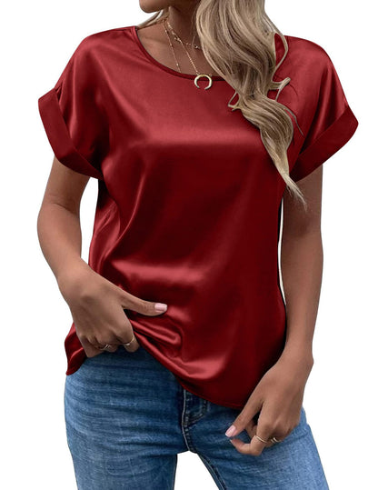 Women Loose Crew‐Neck Satin Short‐Sleeve Business Casual Summer Blouse