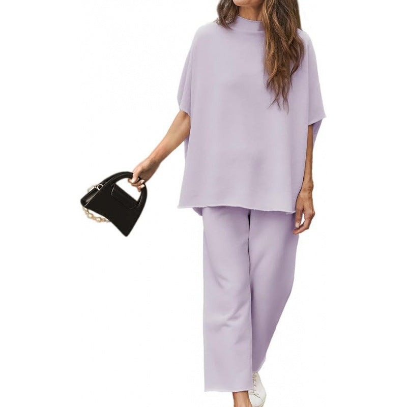 Womens Casual Two Piece Outfits 3/4 Batwing Sleeve Crew Neck Top Wide Leg Pants