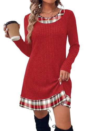 Fashion Fall Dresses for Women 2026 Long Sleeve Sweater Dress Color Block | Side Pockets, Ribbed, Lightweight, Winter Clothing, Loose Fit