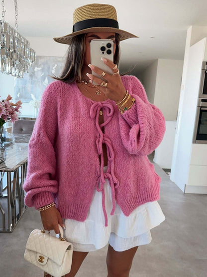 ✨✨Women's Tie Front Bow Cardigan Sweaters Chunky Knit Long Puff Sleeve Trendy Fall Winter Jacket Coats