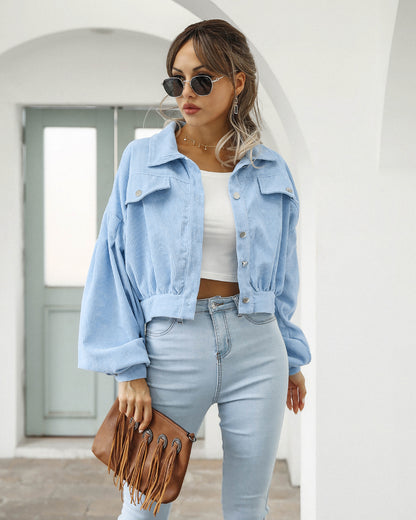 Pocket Cropped Corduroy Casual Jacket