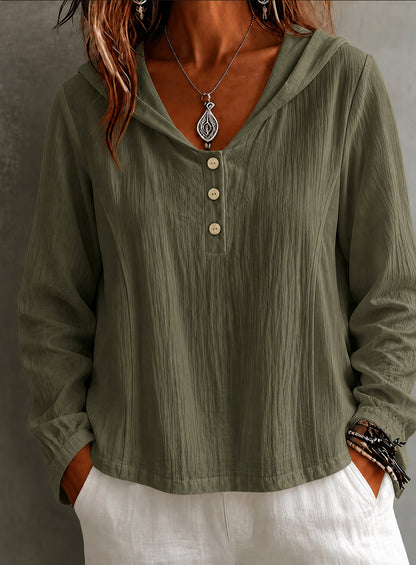 2026 New Women's Hooded Henley Crinkle Long Sleeve Blouse