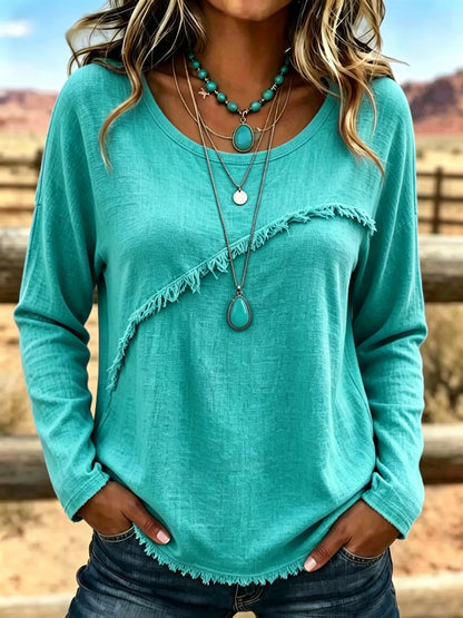 Women Soft Cotton Vintage Fringe Blouse Round Neck Loose Fit Boho Casual Top