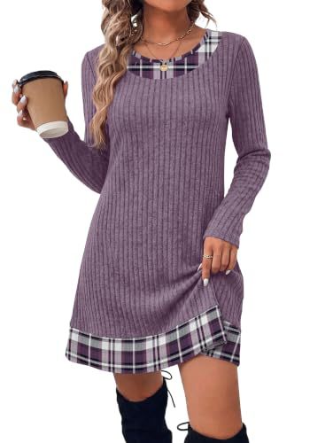 Fashion Fall Dresses for Women 2026 Long Sleeve Sweater Dress Color Block | Side Pockets, Ribbed, Lightweight, Winter Clothing, Loose Fit