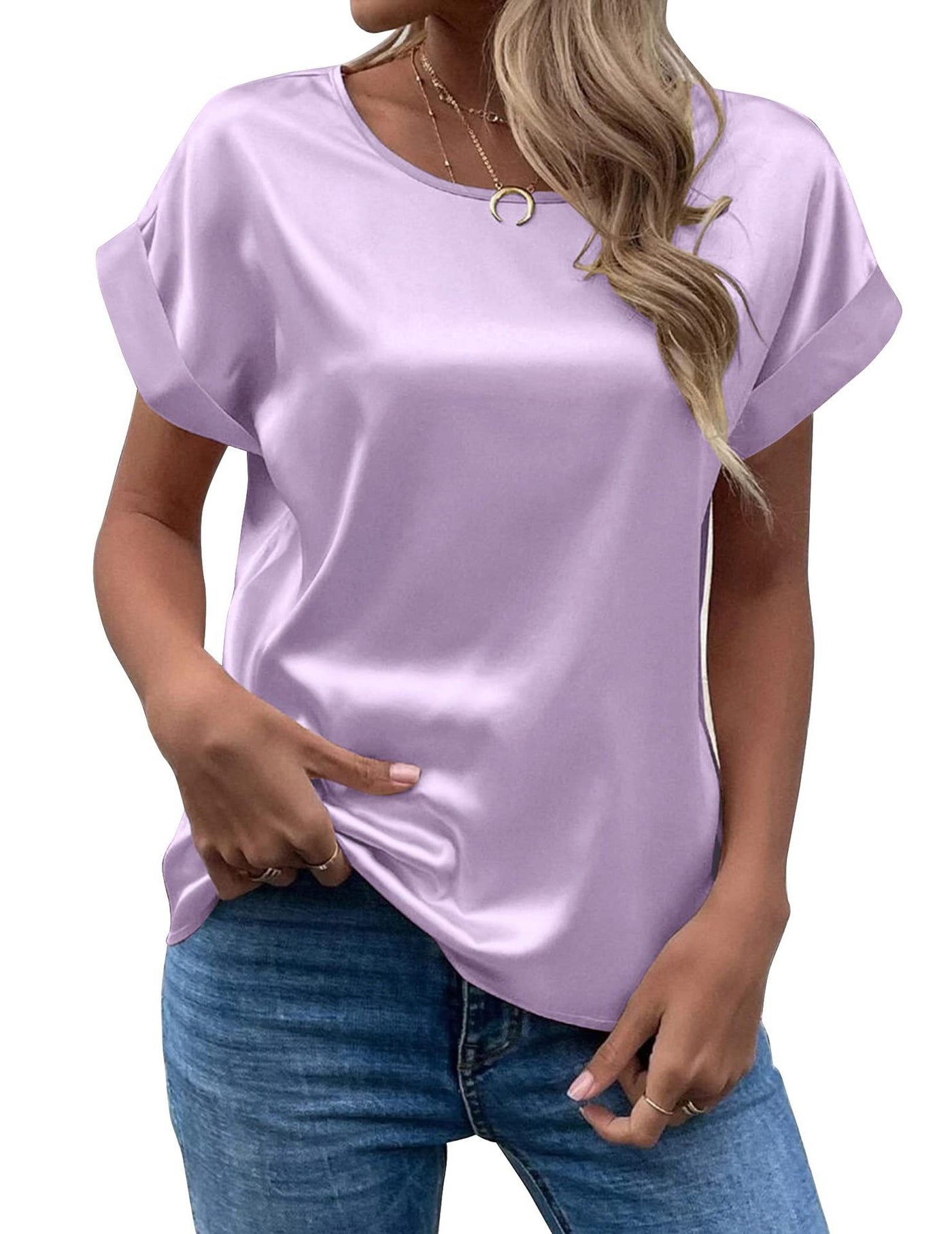 Purple satin blouse showing relaxed crew neckline