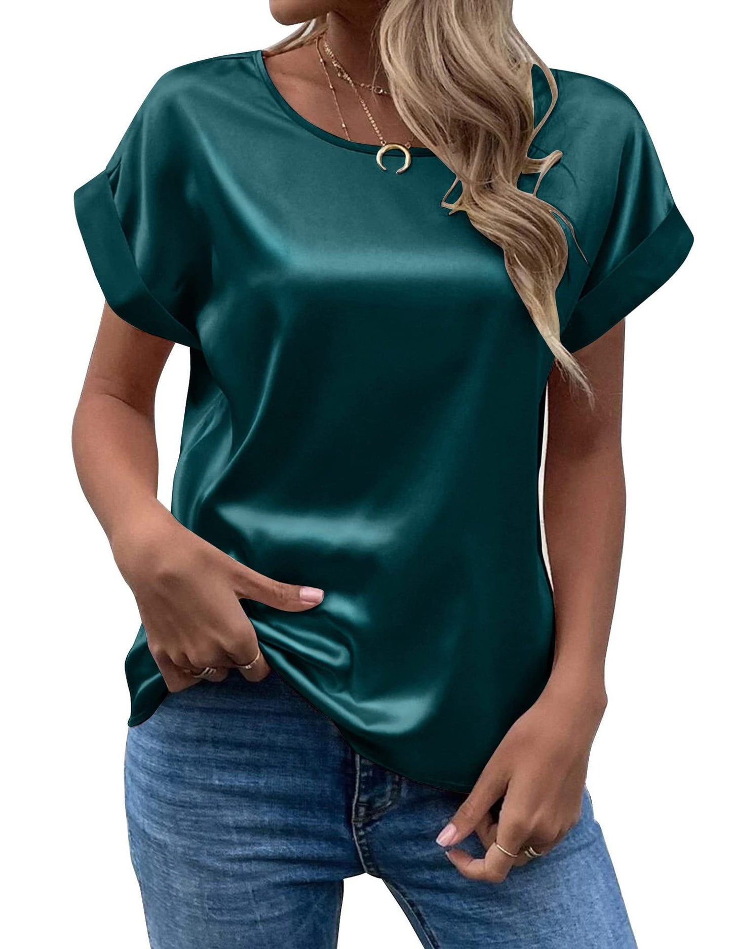 Women Loose Crew‐Neck Satin Short‐Sleeve Business Casual Summer Blouse