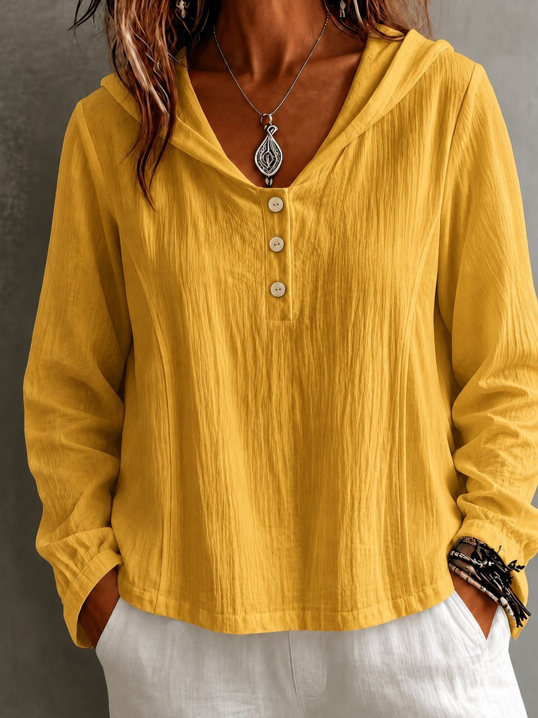 2026 New Women's Hooded Henley Crinkle Long Sleeve Blouse
