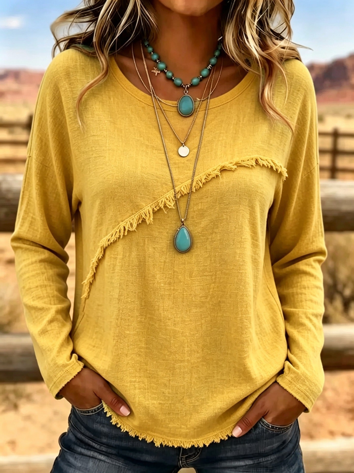 Women Soft Cotton Vintage Fringe Blouse Round Neck Loose Fit Boho Casual Top