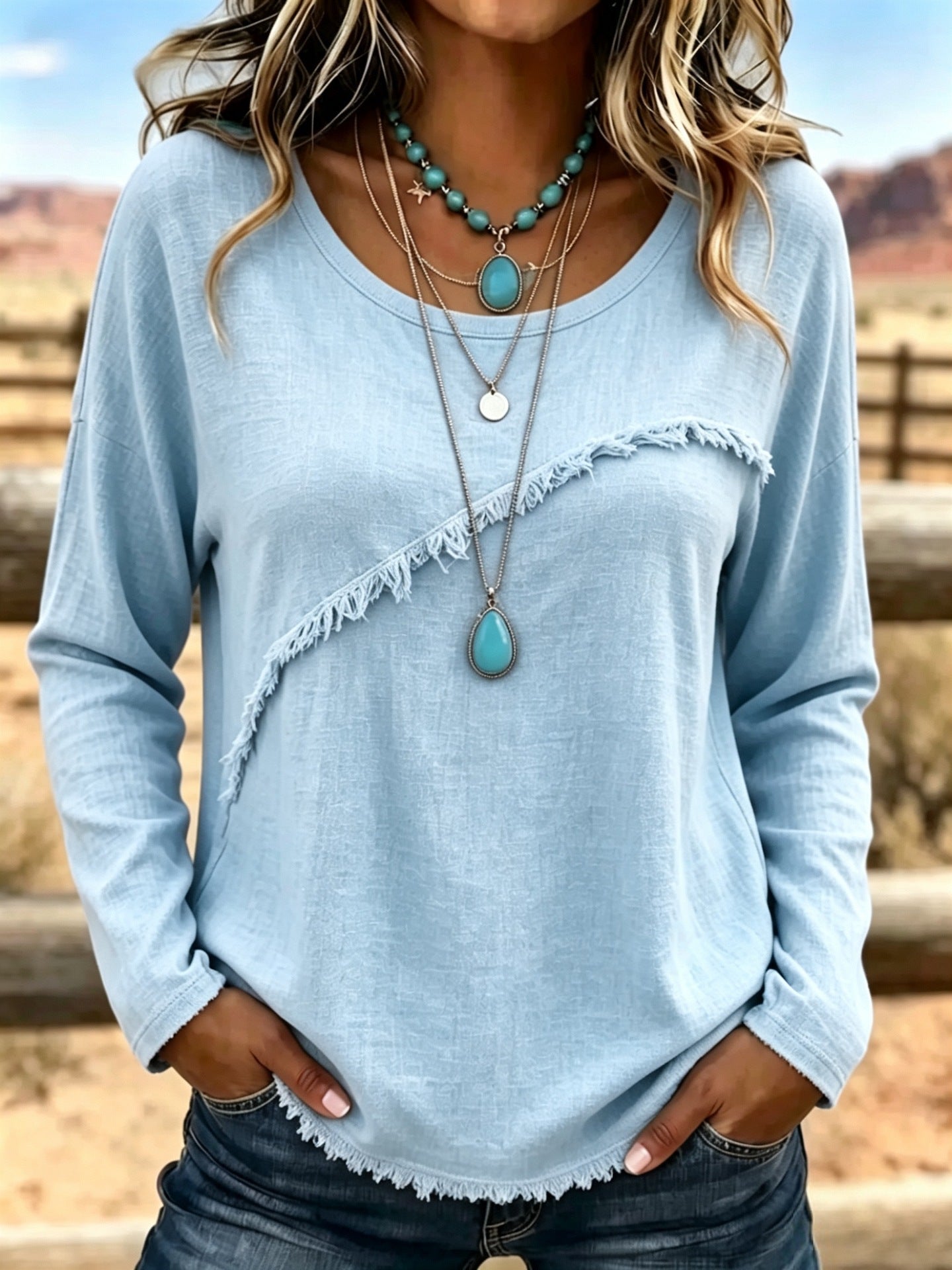 Women Soft Cotton Vintage Fringe Blouse Round Neck Loose Fit Boho Casual Top