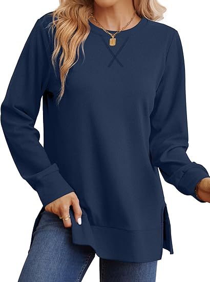Women Loose Long Sleeve Tunic Top Side Slit