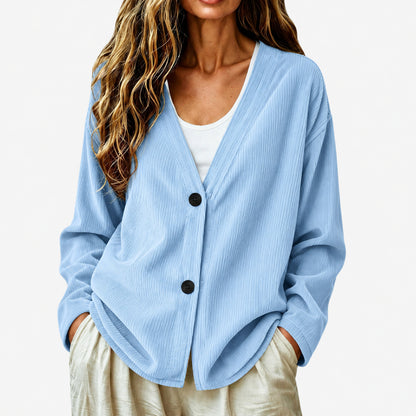 Women's Button Up Loose V Neck Corduroy Knit Cardigan Sweater, Long Sleeve Open Front Comfy Elegant Dressy Casual Outerwear Coat, Basic Fall Tops 2026
